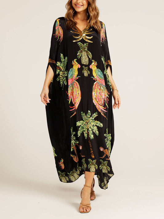 Einzigartiges Kleid mit überschnittenen Schultern und Kokosnussbaum-Print