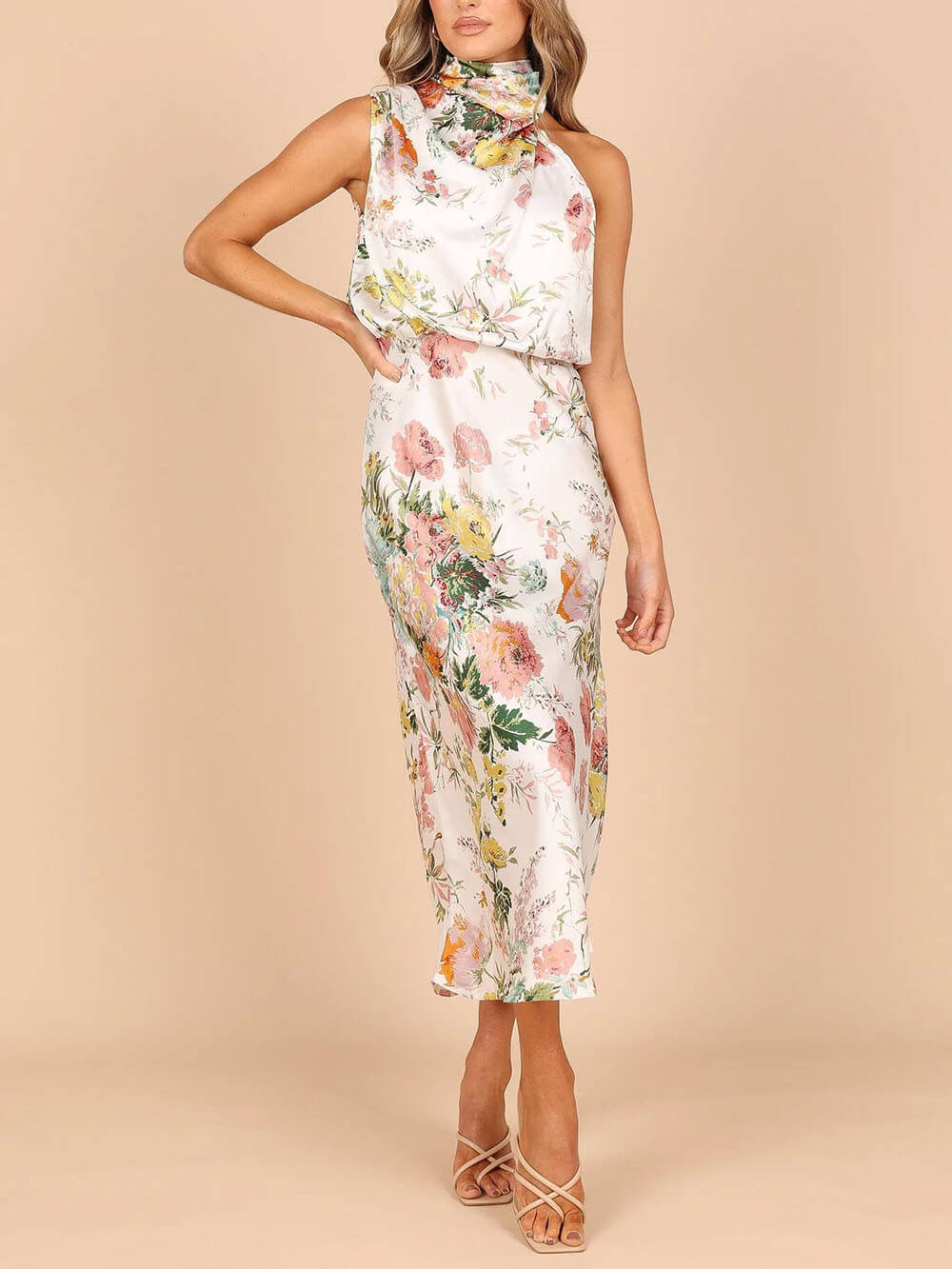 Neckholder-Maxikleid mit Blumenmuster und elastischer Taille