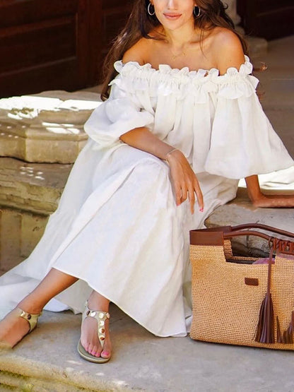 Schulterfreies Midikleid mit Rüschen, Puffärmeln und Taschen