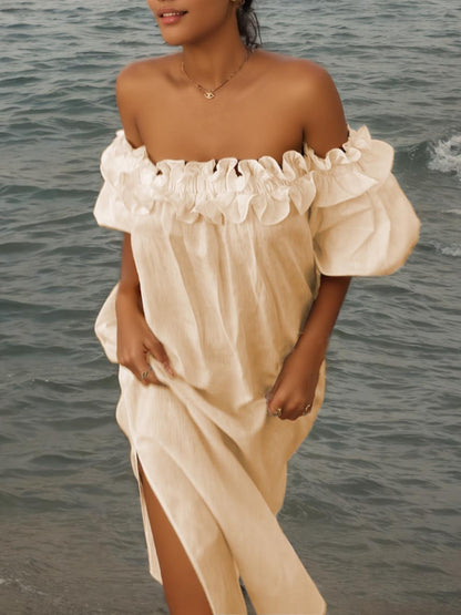 Schulterfreies Midikleid mit Rüschen, Puffärmeln und Taschen