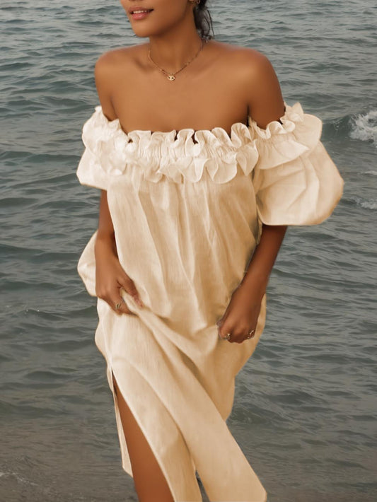 Schulterfreies Midikleid mit Rüschen, Puffärmeln und Taschen