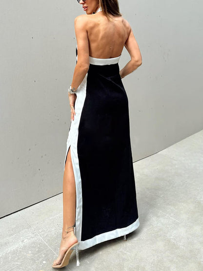 Neckholder-Maxikleid mit Schlitz und Farbblock