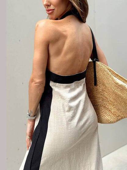 Neckholder-Maxikleid mit Schlitz und Farbblock