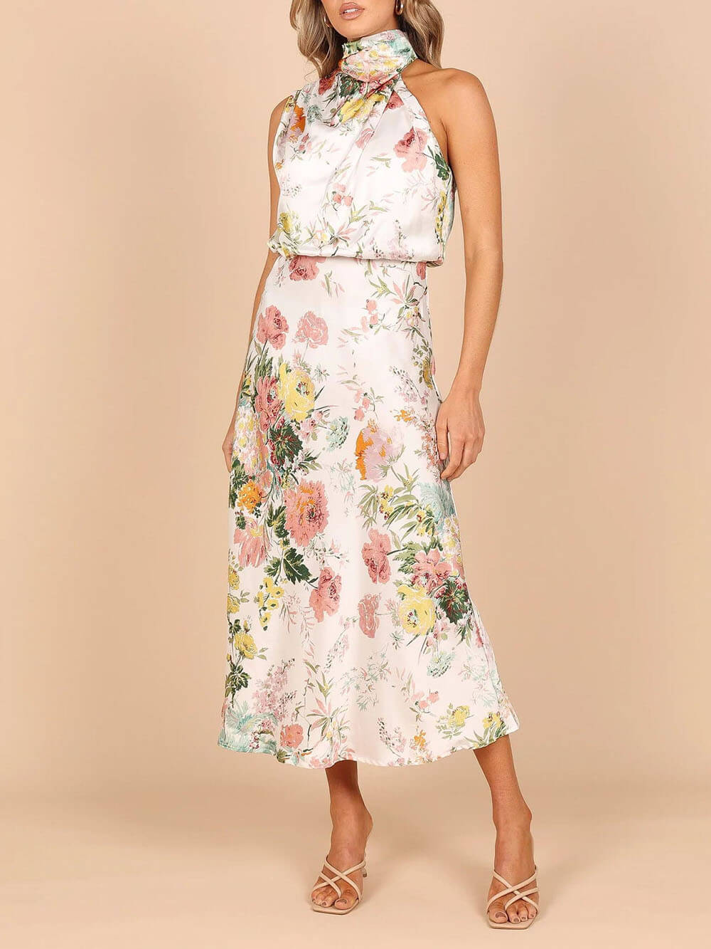 Neckholder-Maxikleid mit Blumenmuster und elastischer Taille