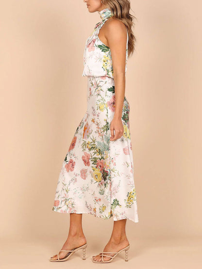 Neckholder-Maxikleid mit Blumenmuster und elastischer Taille