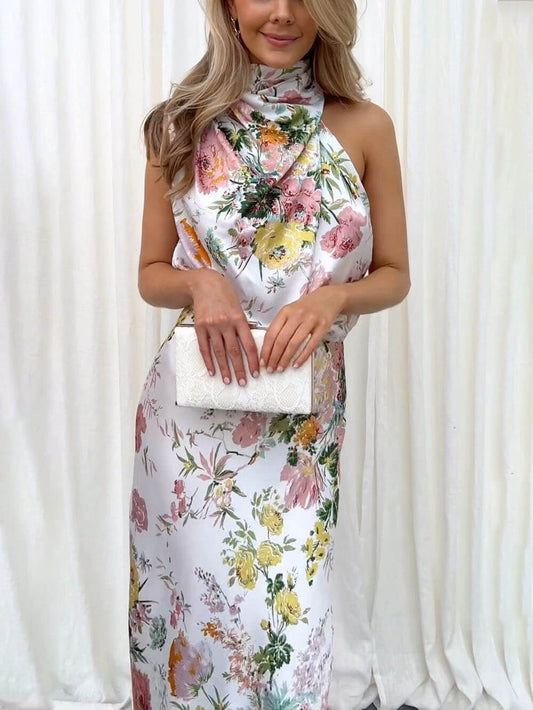 Neckholder-Maxikleid mit Blumenmuster und elastischer Taille