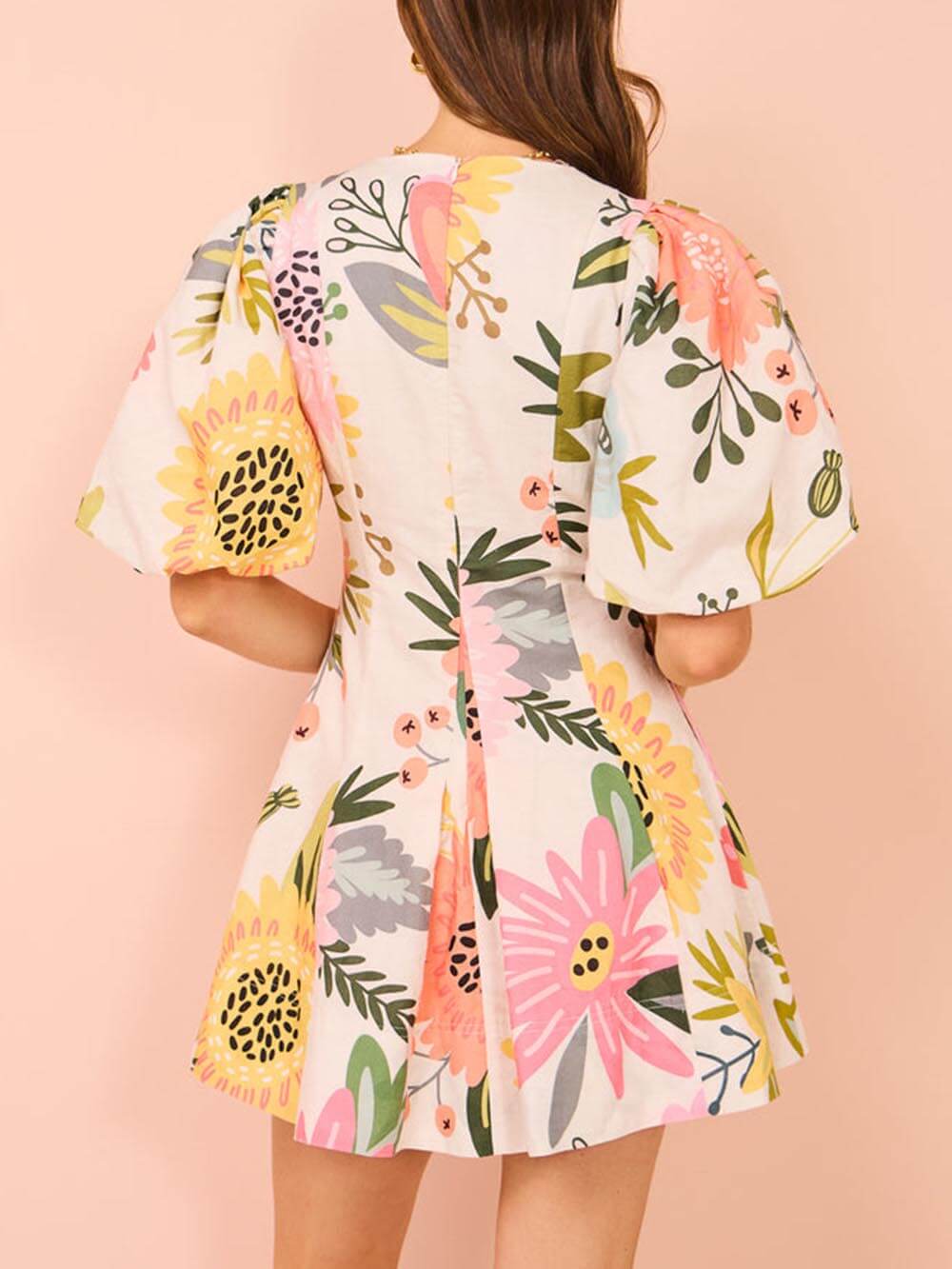 Minikleid mit Puffärmeln, Blumenmuster und Taschen