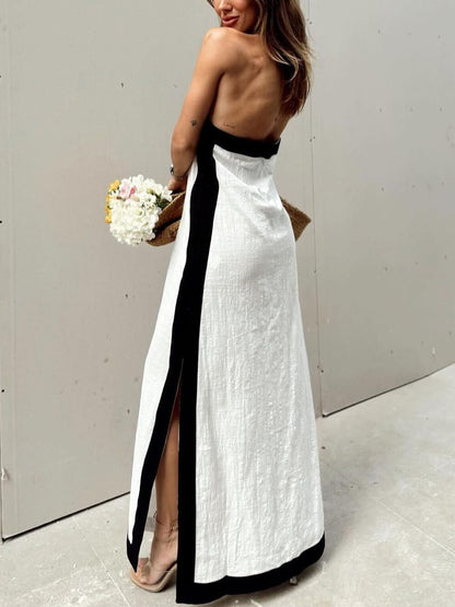 Neckholder-Maxikleid mit Schlitz und Farbblock