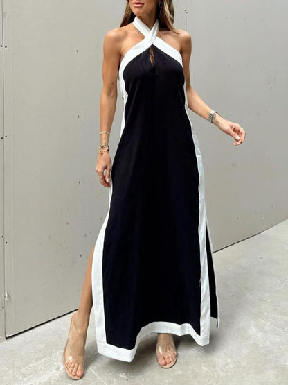 Neckholder-Maxikleid mit Schlitz und Farbblock