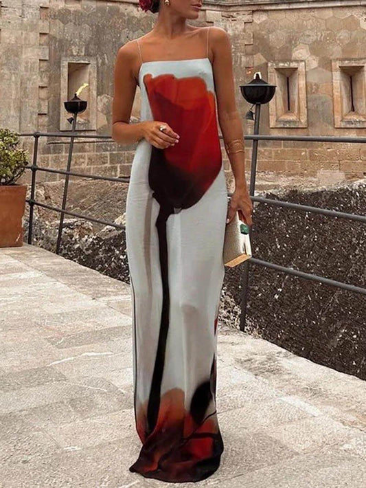 Urlaubs-Maxikleid in H-Linie mit abstraktem Tulpendruck