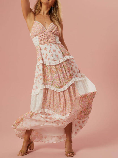 Patchwork-Maxikleid mit Retro-Blumendruck