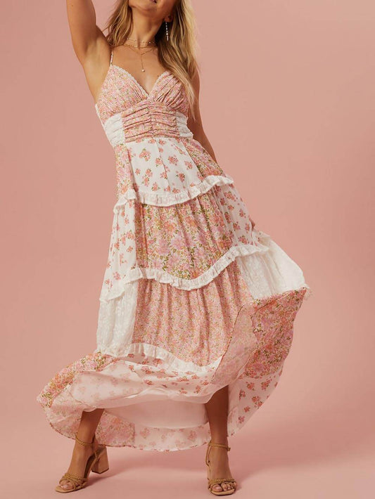 Patchwork-Maxikleid mit Retro-Blumendruck