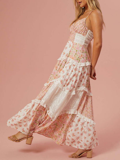 Patchwork-Maxikleid mit Retro-Blumendruck