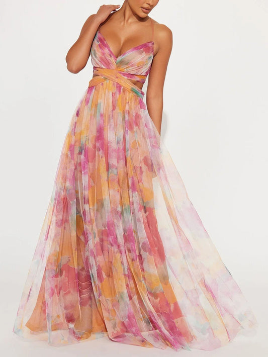 Elegantes Maxikleid in A-Linie mit V-Ausschnitt und Blumenmuster