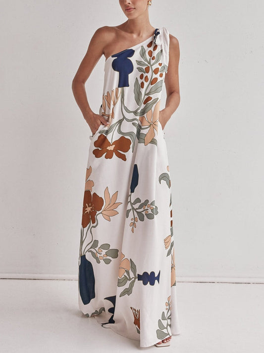 Bedrucktes One-Shoulder-Maxikleid