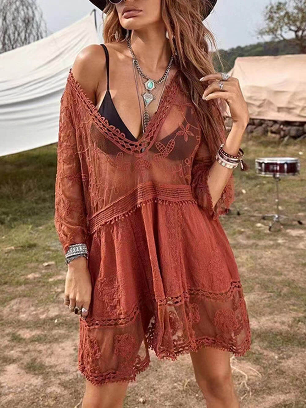 Lockeres Spitzen-Bikini-Überwurfkleid für den Strandurlaub