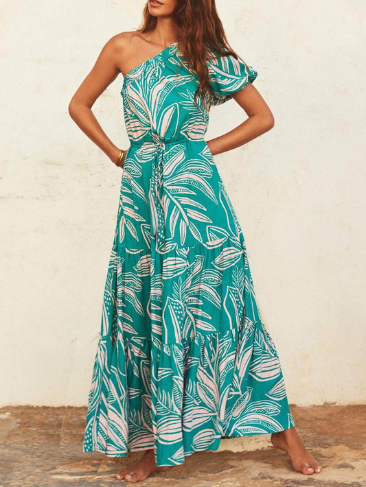 Schulterfreies Kleid mit Blumenmuster im Urlaubsstil und Palmenblatt-Print