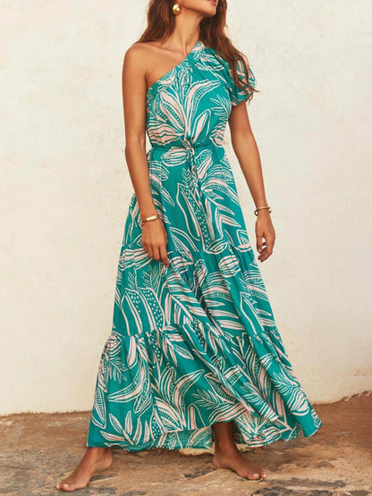 Schulterfreies Kleid mit Blumenmuster im Urlaubsstil und Palmenblatt-Print