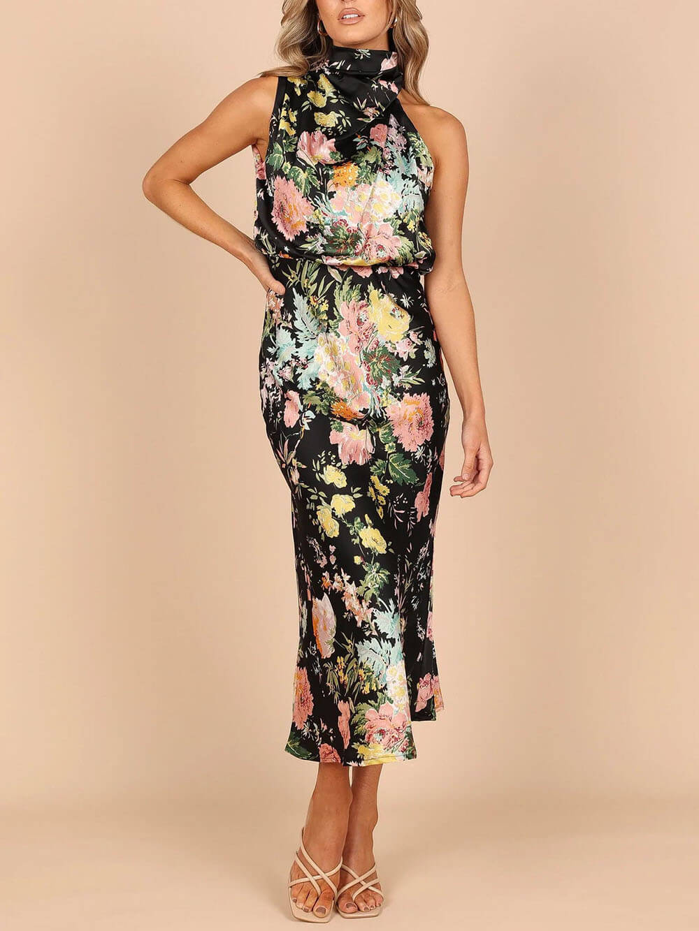 Neckholder-Maxikleid mit Blumenmuster und elastischer Taille