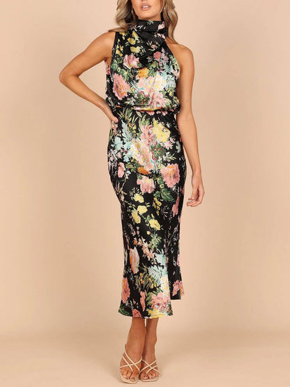 Neckholder-Maxikleid mit Blumenmuster und elastischer Taille