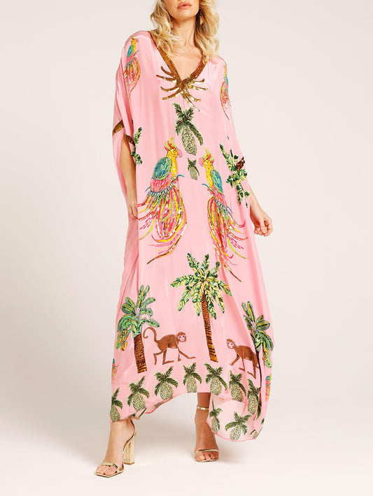 Einzigartiges Kleid mit überschnittenen Schultern und Kokosnussbaum-Print