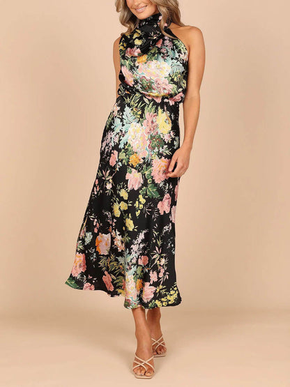 Neckholder-Maxikleid mit Blumenmuster und elastischer Taille