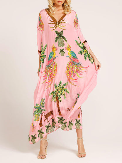 Einzigartiges Kleid mit überschnittenen Schultern und Kokosnussbaum-Print