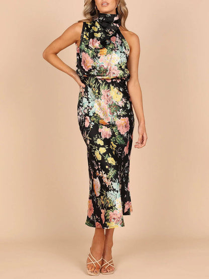 Neckholder-Maxikleid mit Blumenmuster und elastischer Taille
