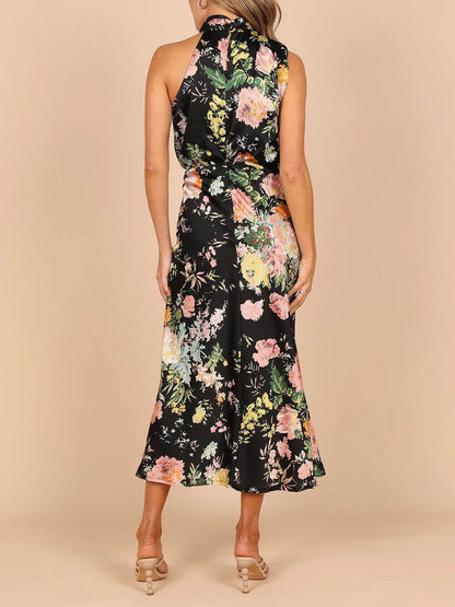 Neckholder-Maxikleid mit Blumenmuster und elastischer Taille
