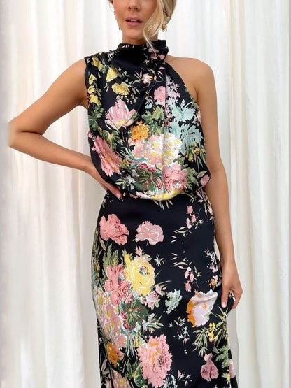 Neckholder-Maxikleid mit Blumenmuster und elastischer Taille