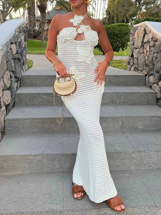 Neckholder-Maxikleider mit 3D-Blumendekor und figurbetontem Häkeldesign