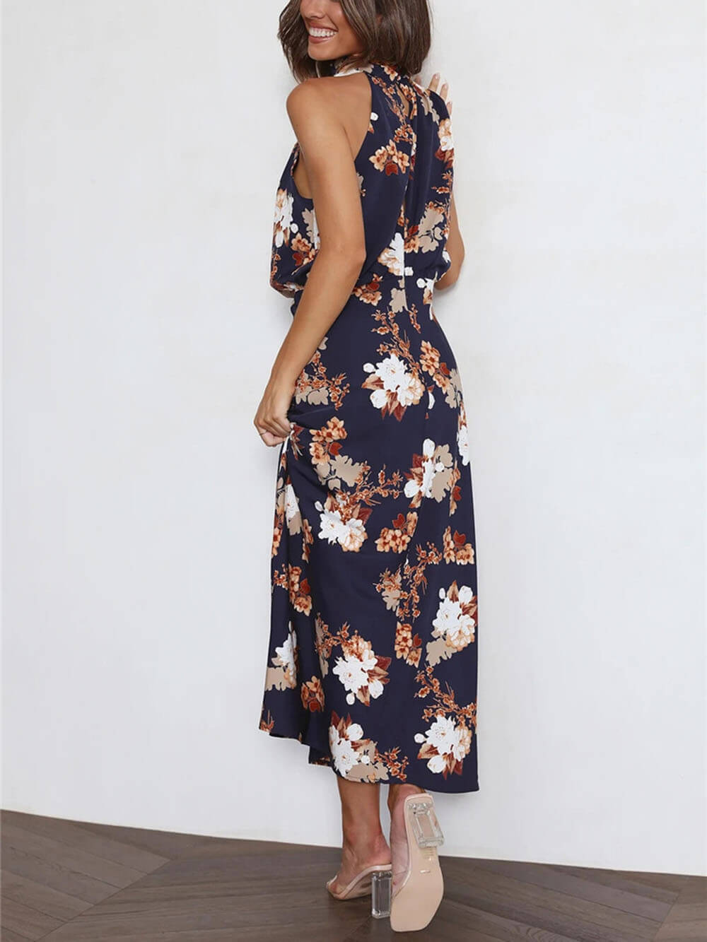 Neckholder-Maxikleid mit Blumenmuster und elastischer Taille