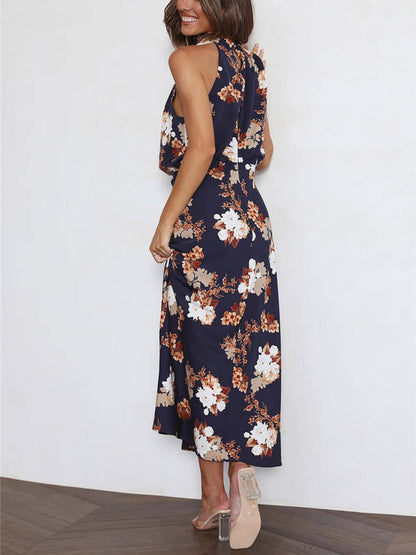 Neckholder-Maxikleid mit Blumenmuster und elastischer Taille
