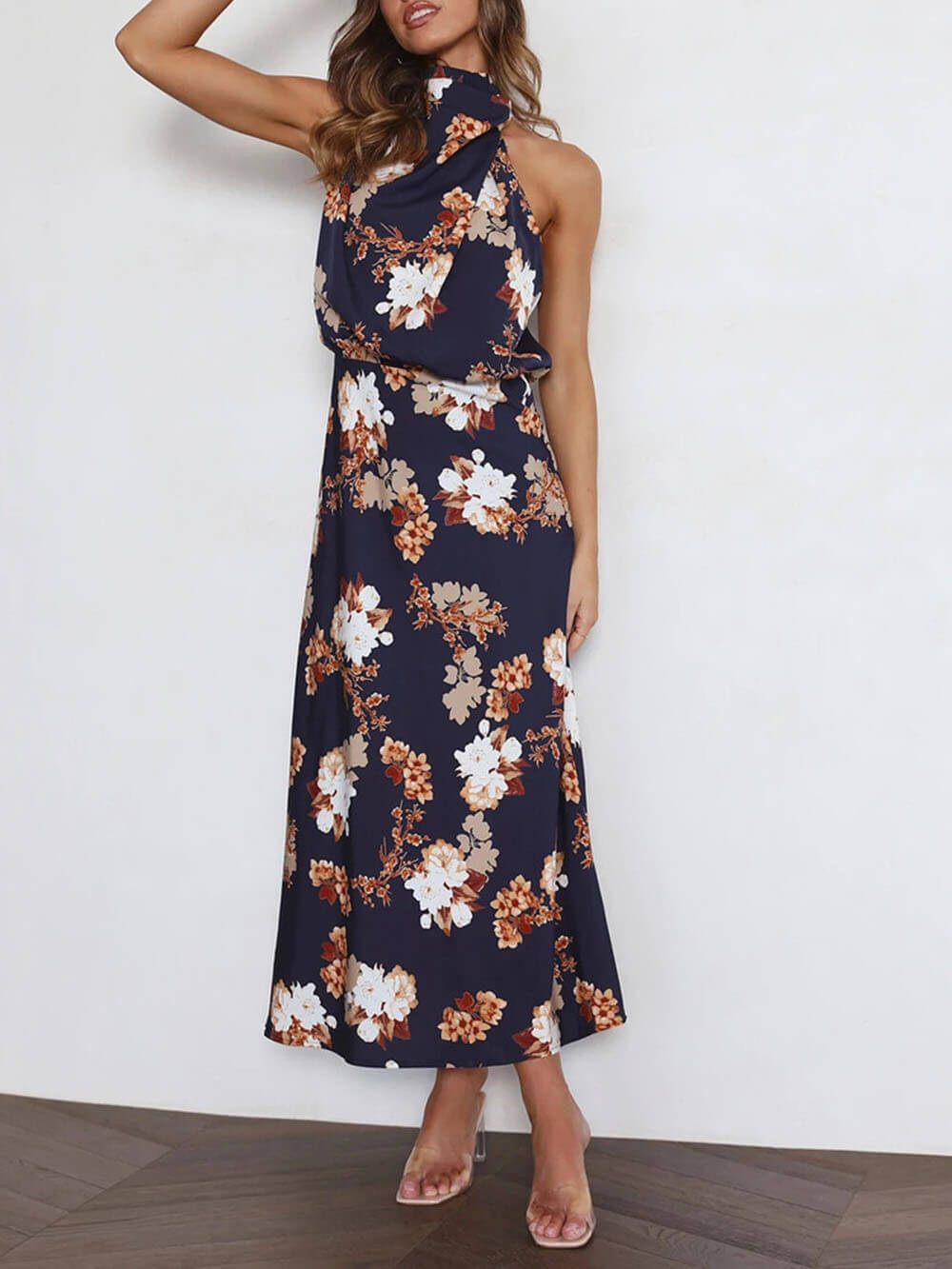 Neckholder-Maxikleid mit Blumenmuster und elastischer Taille