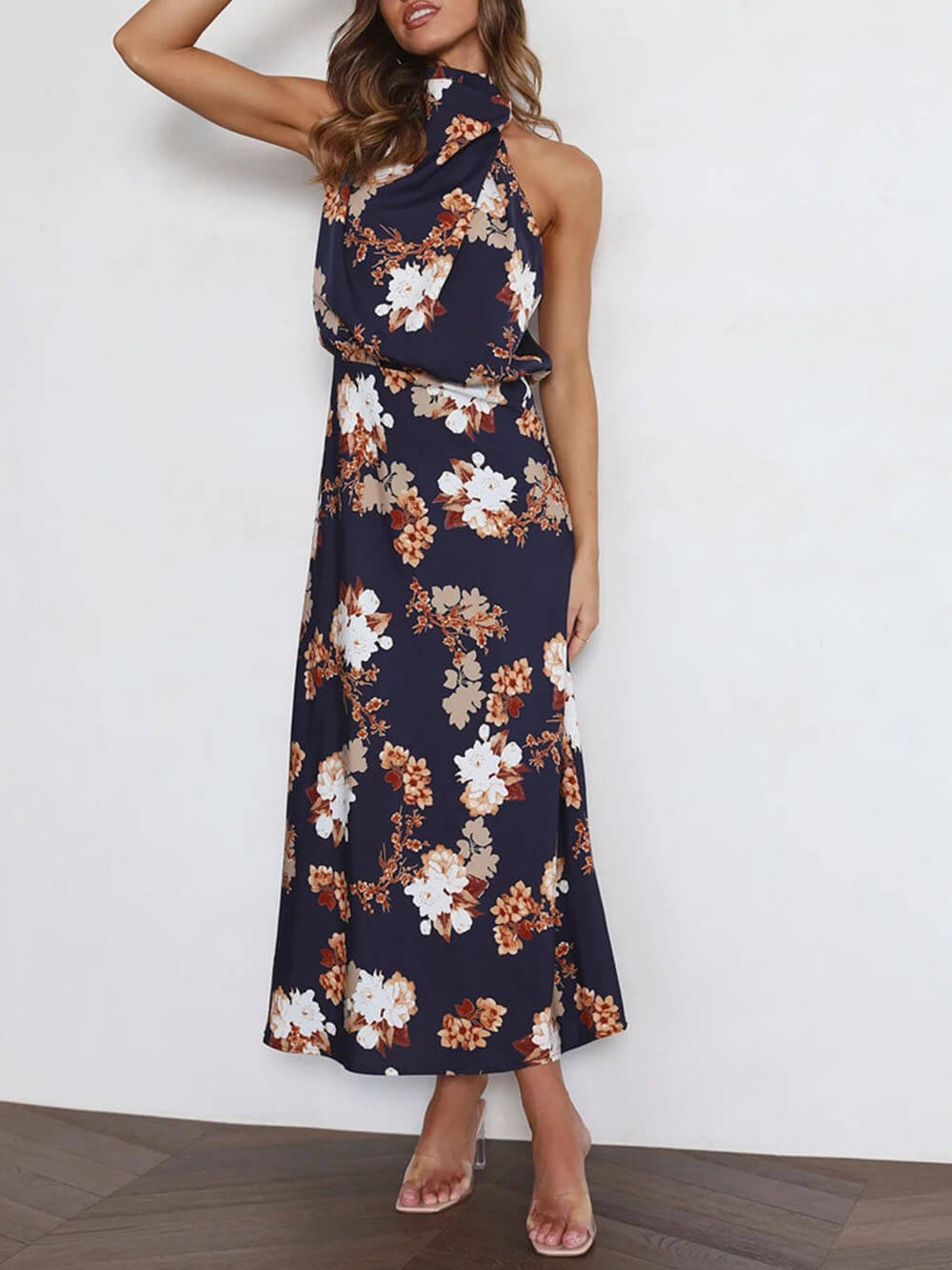 Neckholder-Maxikleid mit Blumenmuster und elastischer Taille