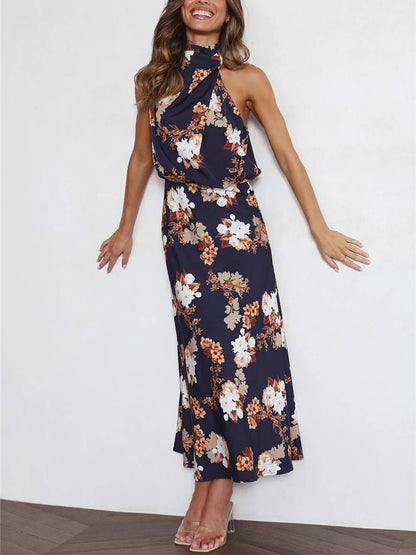 Neckholder-Maxikleid mit Blumenmuster und elastischer Taille