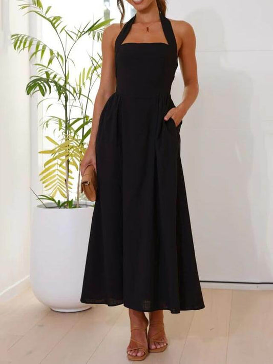 Taillen-kleines schwarzes Neckholder-Kleid, mittellanges Kleid