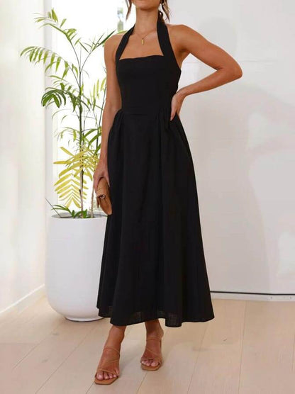 Taillen-kleines schwarzes Neckholder-Kleid, mittellanges Kleid