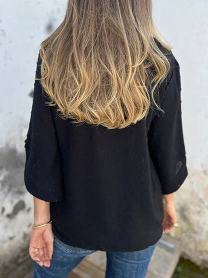 Round Neck Embroidered Large Cuffs Casual Shirt