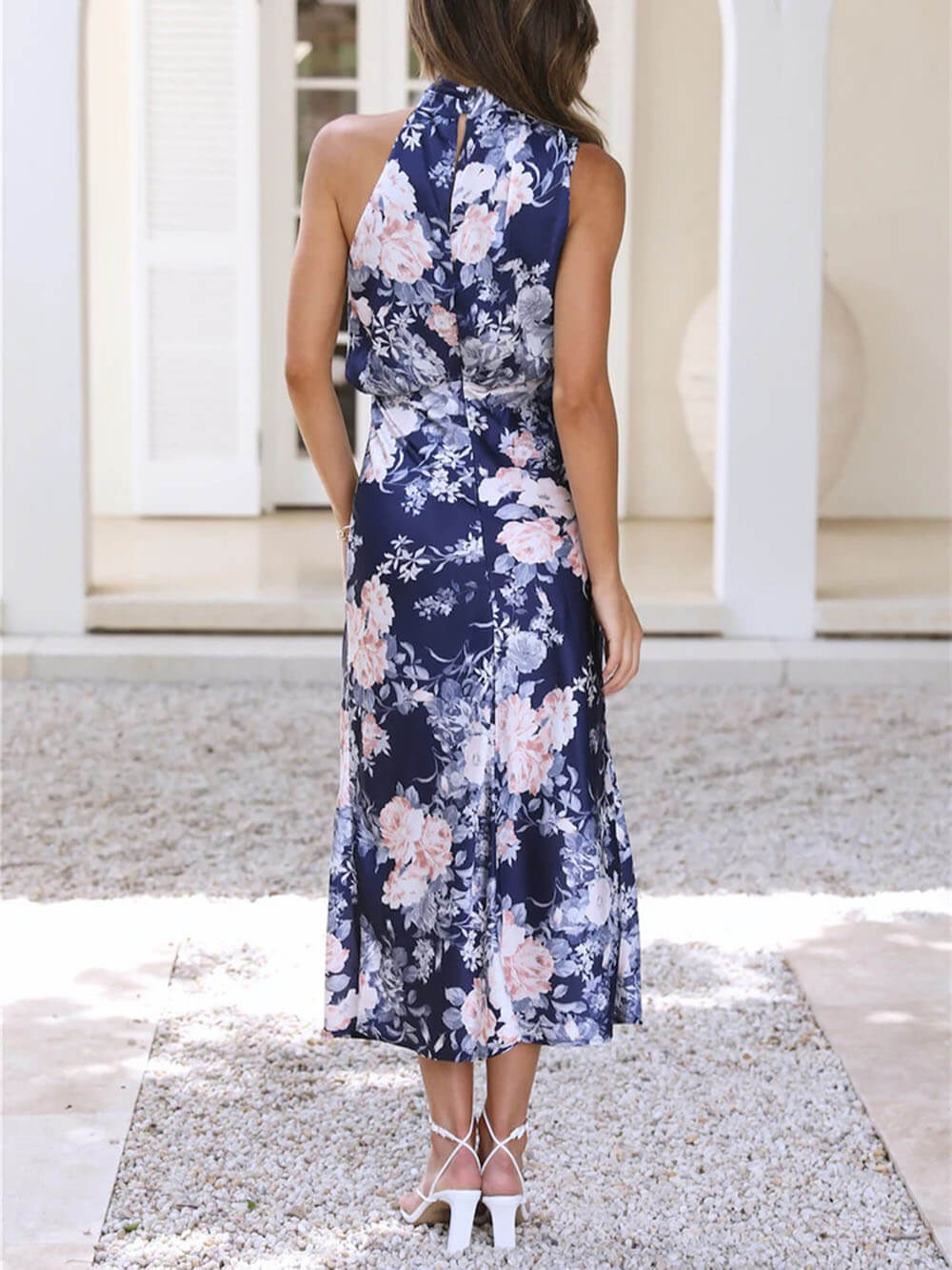 Neckholder-Maxikleid mit Blumenmuster und elastischer Taille