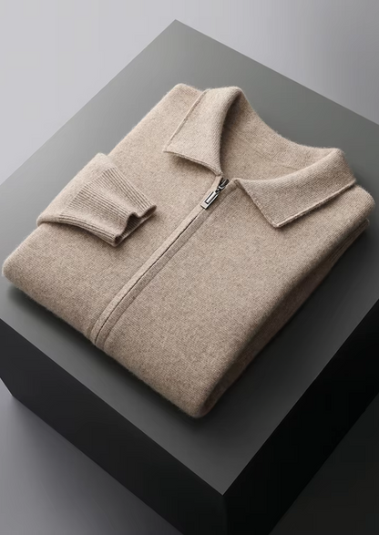 POLO-CARDIGAN AUS EXTRAFEINER MERINOWOLLE MIT REISSVERSCHLUSS