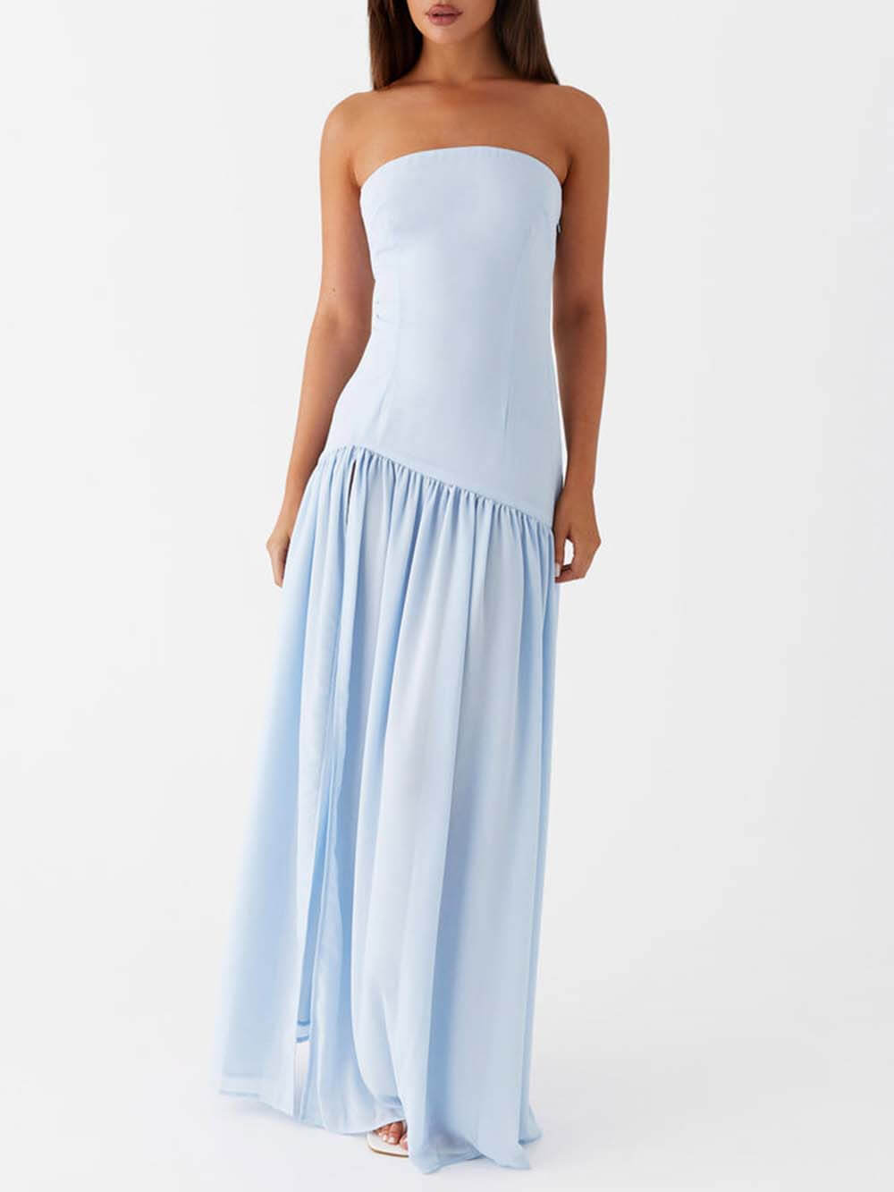 Exquisites rückenfreies, trägerloses Maxikleid mit Falten