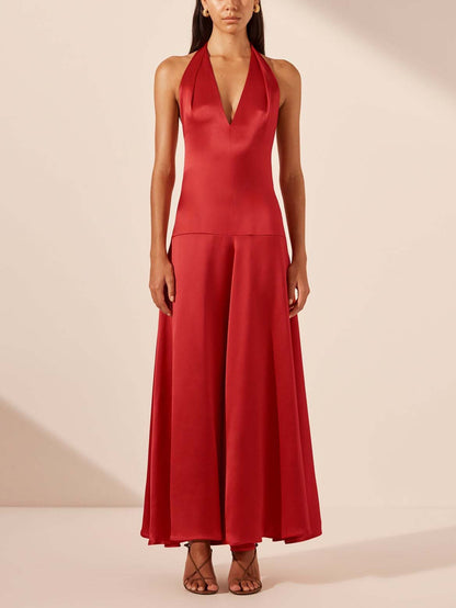 Elegantes Neckholder-Maxikleid mit tiefem V-Ausschnitt