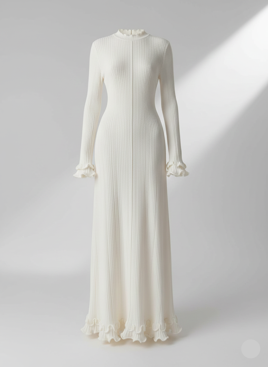 Elegant Trumpet Sleeves Rolled Hem Knitted Round Neck Maxi Dress