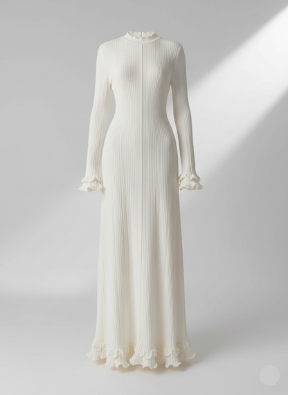 Elegant Trumpet Sleeves Rolled Hem Knitted Round Neck Maxi Dress