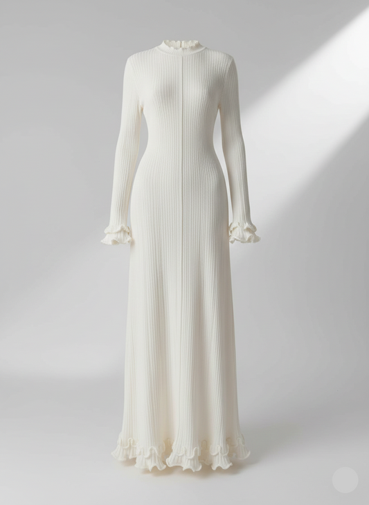 Elegant Trumpet Sleeves Rolled Hem Knitted Round Neck Maxi Dress