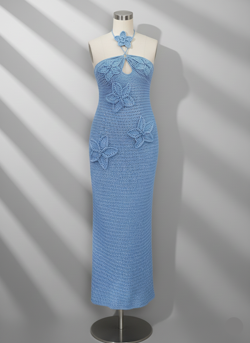 3D Flower Decor Halter Neck Bodycon Crochet Maxi Dresses