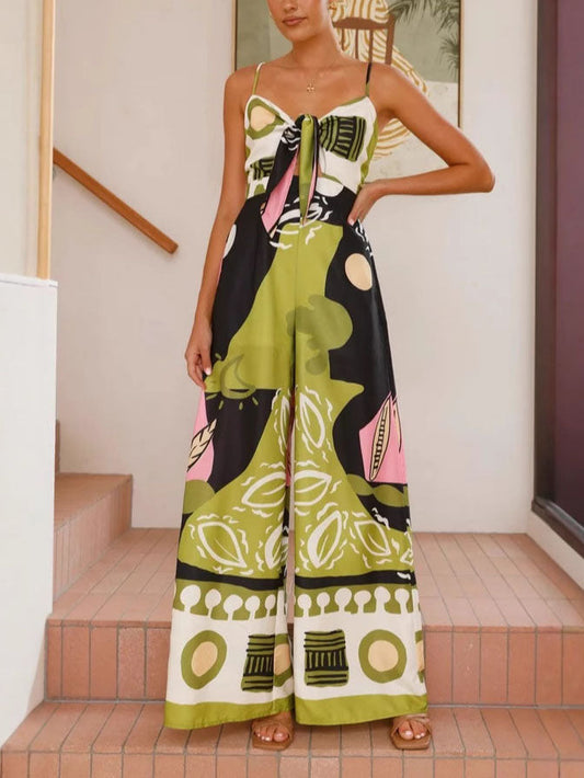 Einzigartiger Jumpsuit mit weitem Bein und Hosenträgern mit bemaltem Print