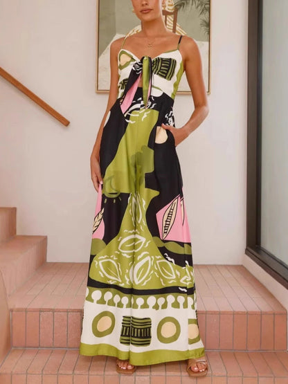 Einzigartiger Jumpsuit mit weitem Bein und Hosenträgern mit bemaltem Print