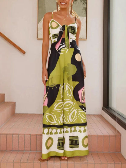 Einzigartiger Jumpsuit mit weitem Bein und Hosenträgern mit bemaltem Print